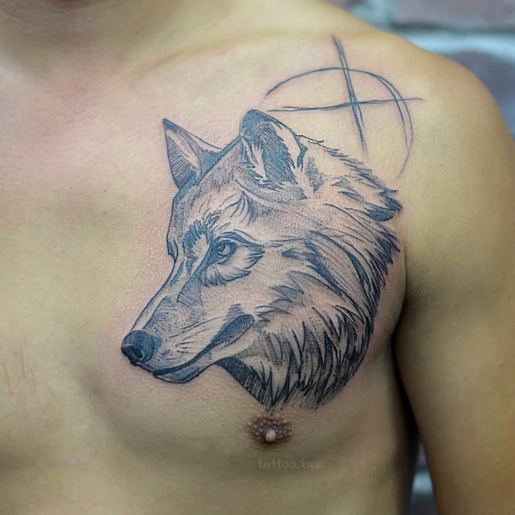 татуировка волка на груди